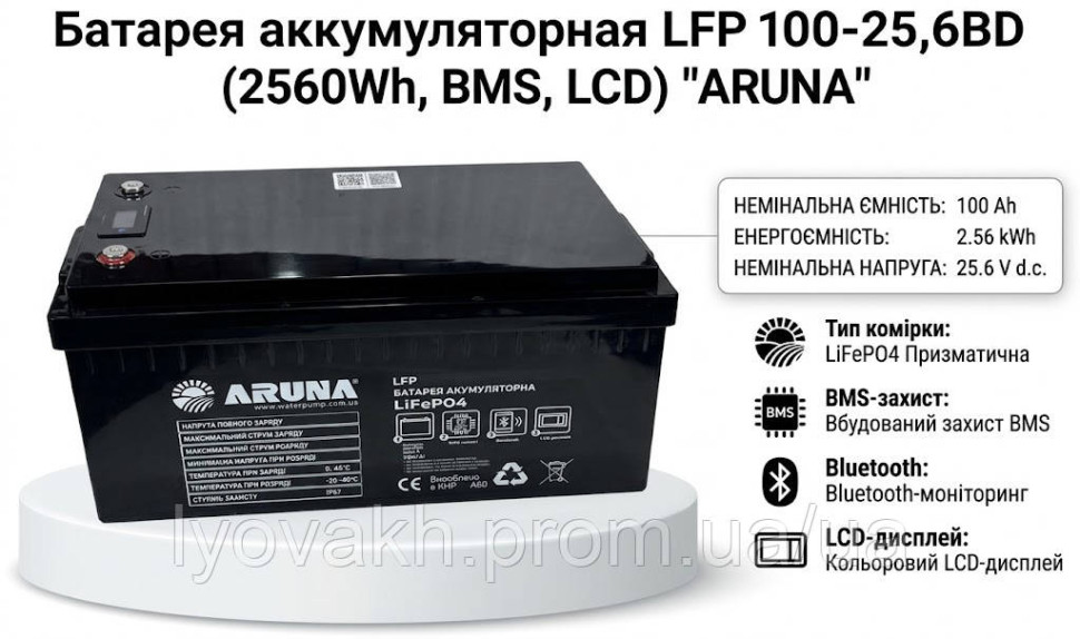 Батарея аккумуляторная LFP 100-25,6BD (2560Wh, BMS, LCD) ”ARUNA”